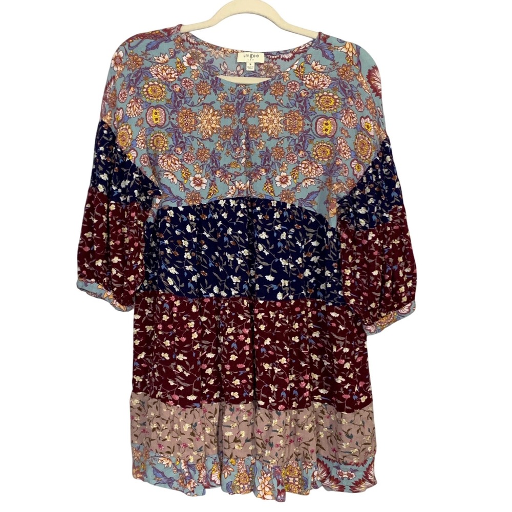 Umgee USA Women Floral Patchwork Tiered Mini Dress M‎